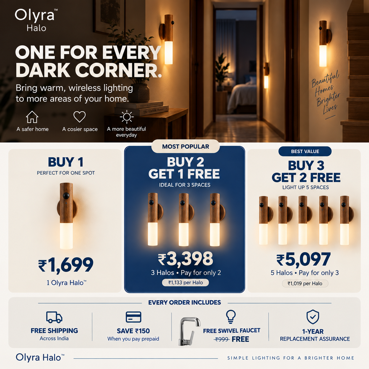 Olyra Halo — Cordless Wall Light in Solid Walnut