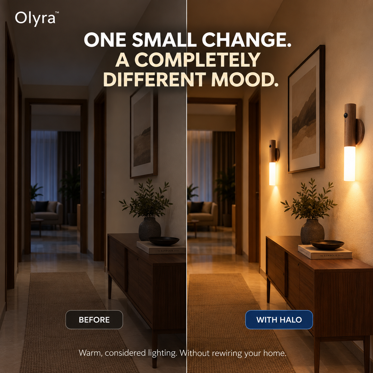 Olyra Halo — Cordless Wall Light in Solid Walnut