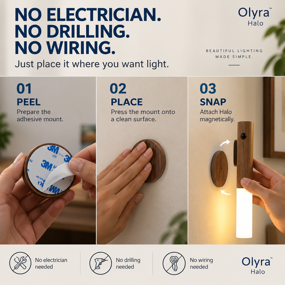 Olyra Halo — Cordless Wall Light in Solid Walnut