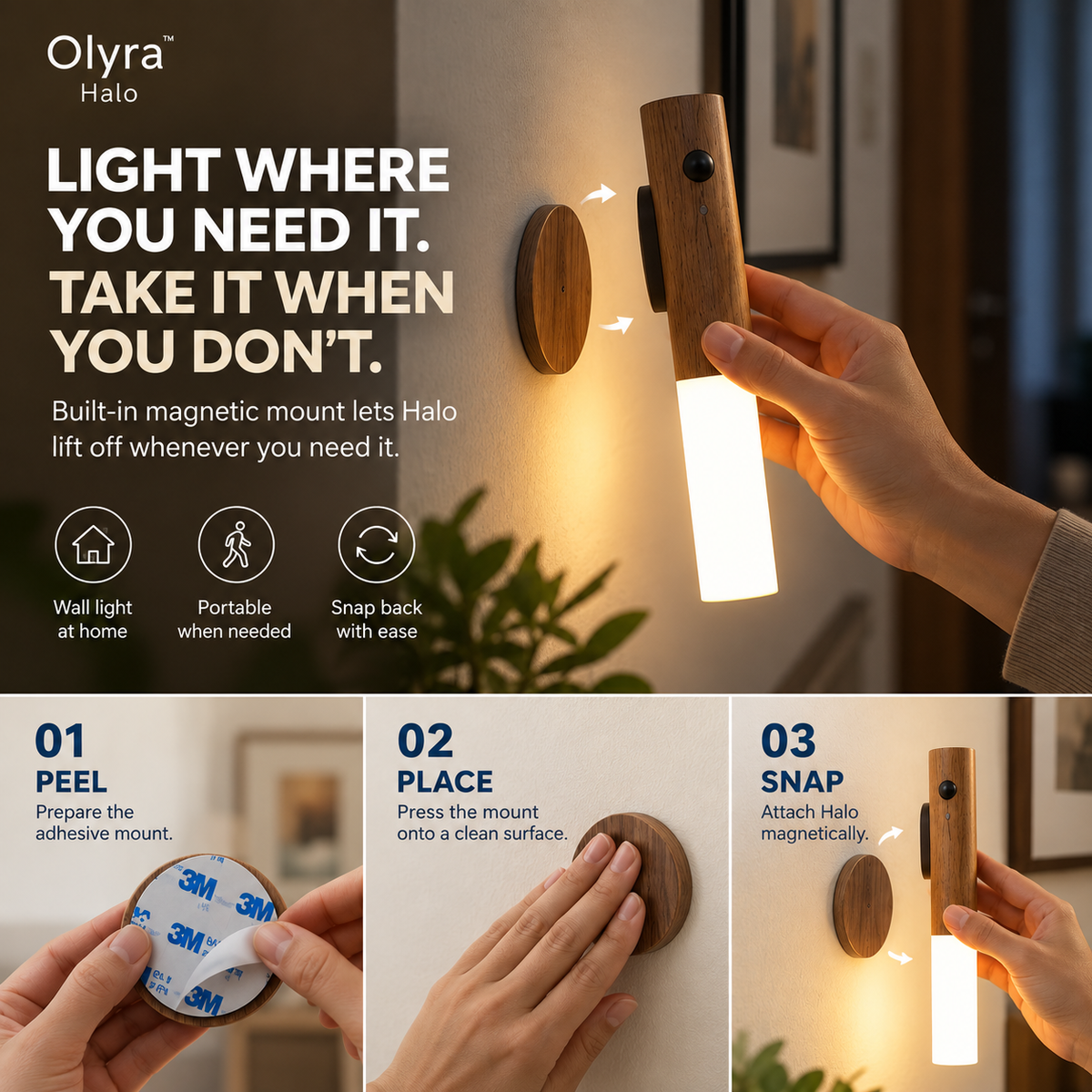 Olyra Halo — Cordless Wall Light in Solid Walnut