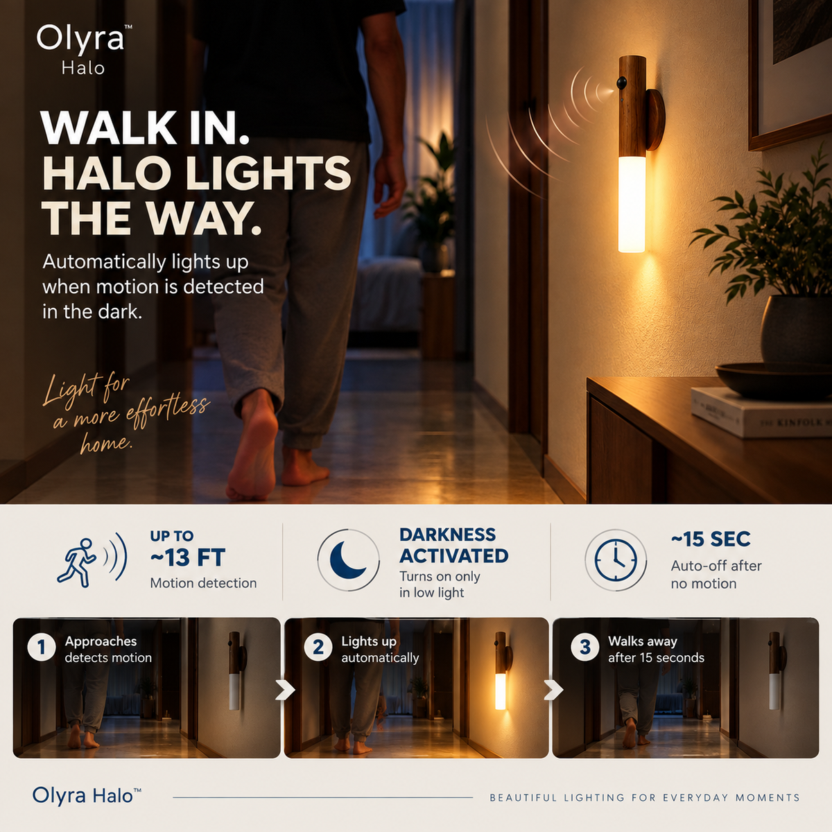 Olyra Halo — Cordless Wall Light in Solid Walnut