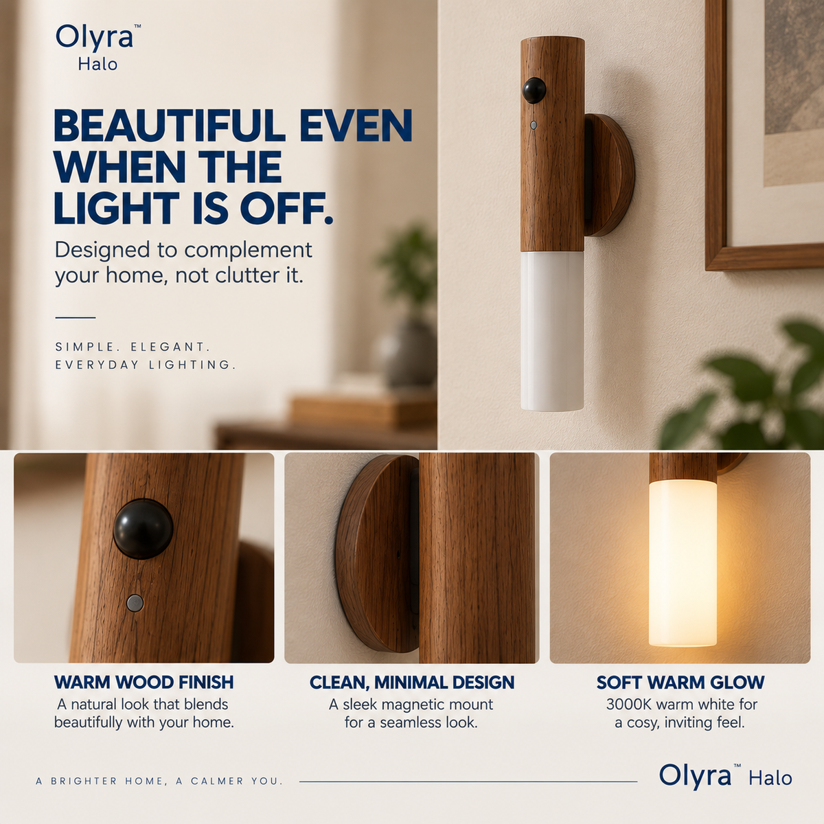 Olyra Halo — Cordless Wall Light in Solid Walnut